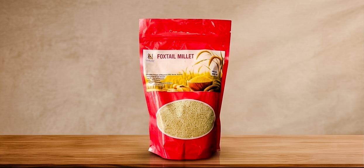 Foxtail Millet in red Nabaprayas package showing golden grain
